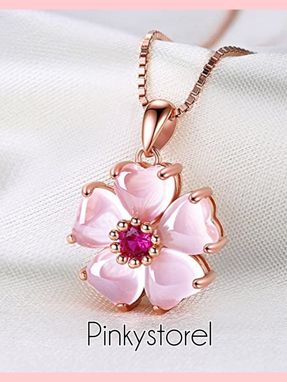 Rose Gold Pink Flower Pendant Necklace with Pink Center - Picture 4 of 7
